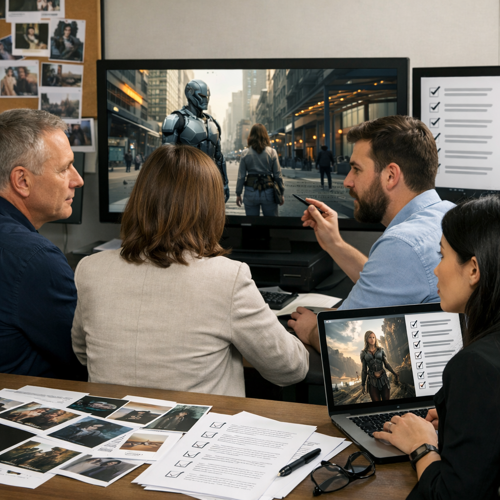 A professional editorial team reviewing AI-generated drafts on screens with checklists and source do