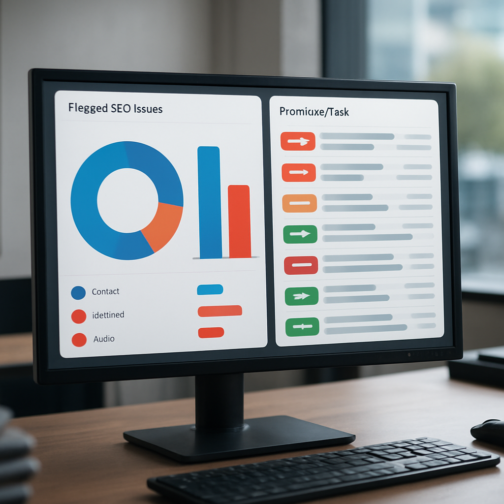 A professional analytics dashboard showing flagged SEO issues by category (content, technical, links