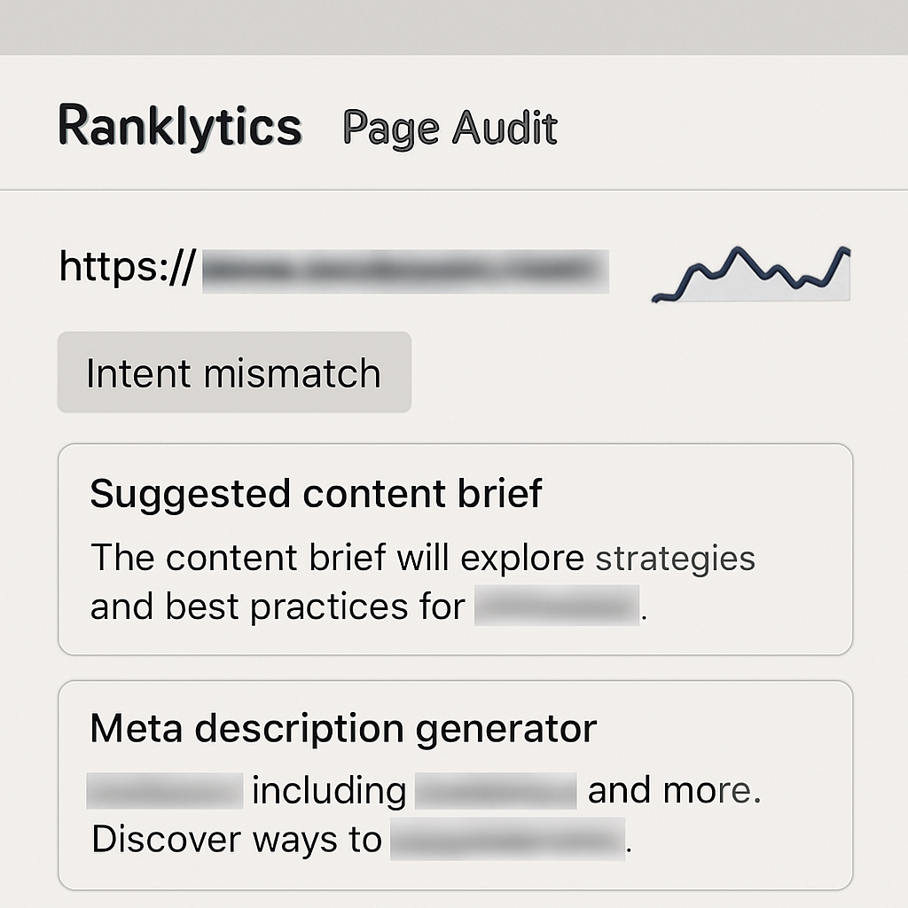 Screenshot-style photo realistic image of a Ranklytics page audit interface showing a single URL rep