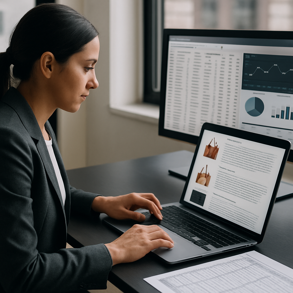 Professional workspace showing a merchandising lead reviewing AI generated product descriptions on a