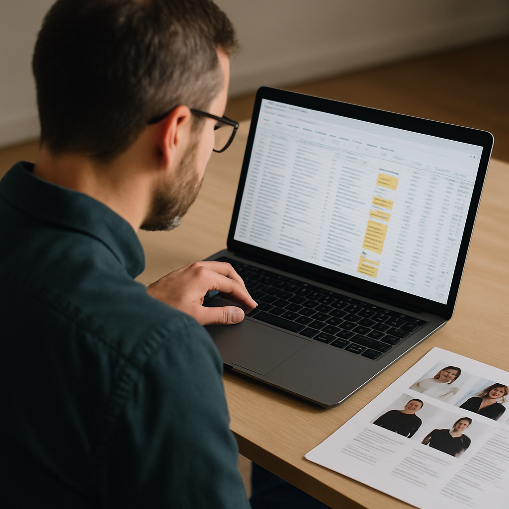 Photo realistic image of a product manager reviewing a prompt library on a laptop screen with a CSV