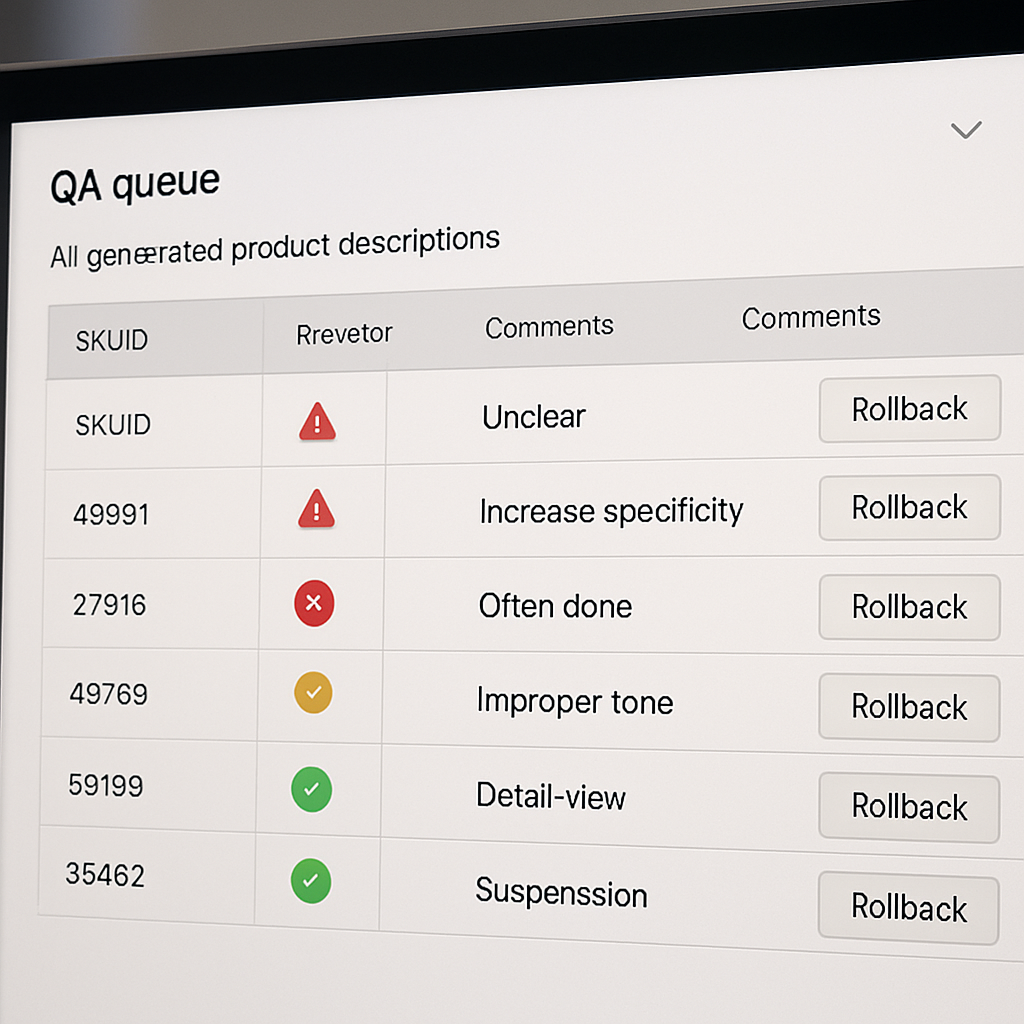 Professional dashboard screenshot showing a QA queue for AI generated product descriptions with colu