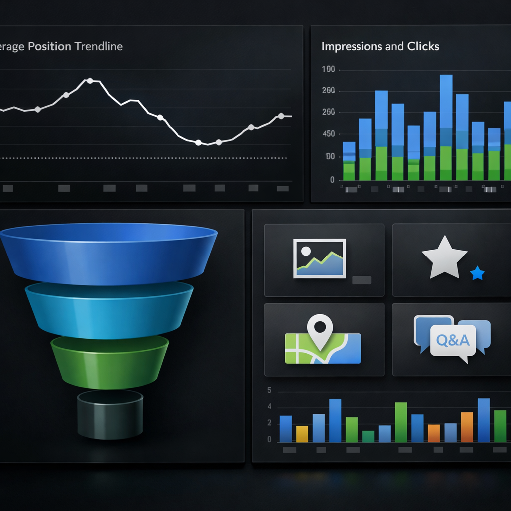 Dashboard style image showing a combined view of search engine positioning metrics: average position