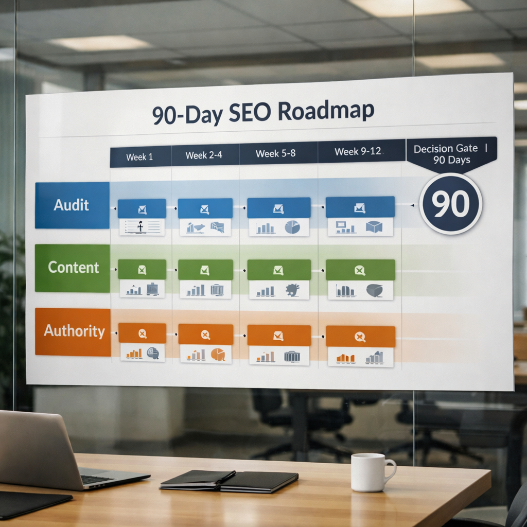 A clean, professional 90-day SEO roadmap graphic showing three horizontal lanes labeled Audit, Conte