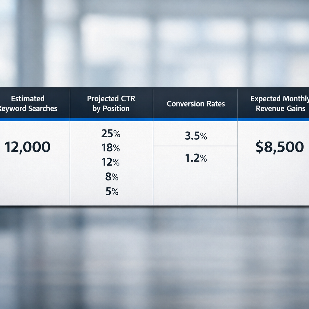A professional dashboard style visual showing a small table with estimated keyword searches, project