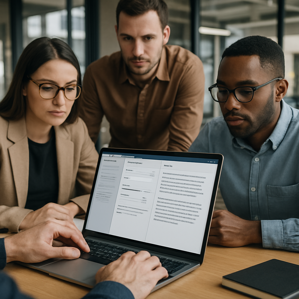 A professional content team in a modern office using an <a href='https://ranklytics