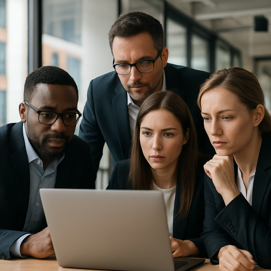 A professional marketing team reviewing AI-generated headline variations on a laptop in a modern off