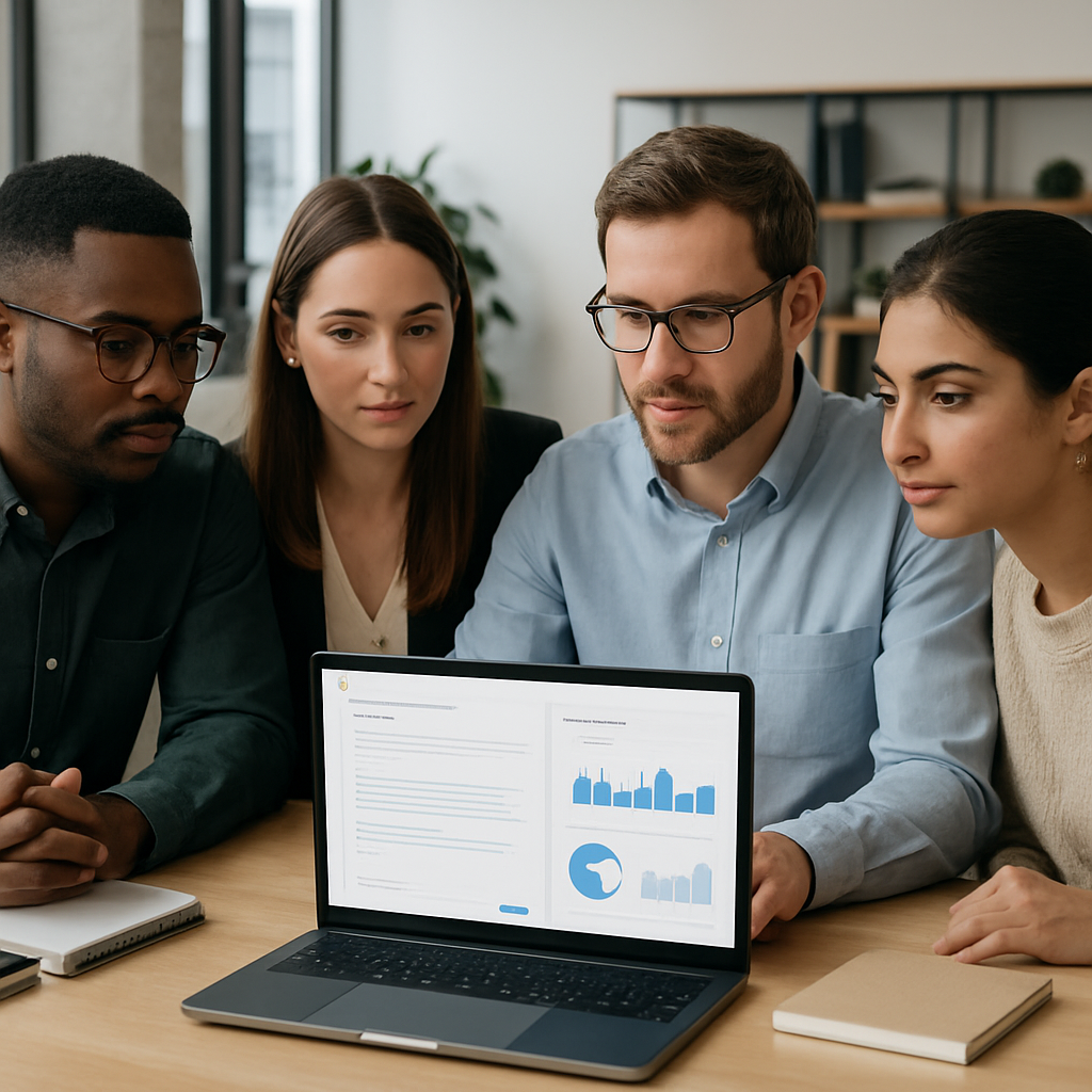 A content team at a modern office desk looking at a laptop showing an AI writing assistant interface