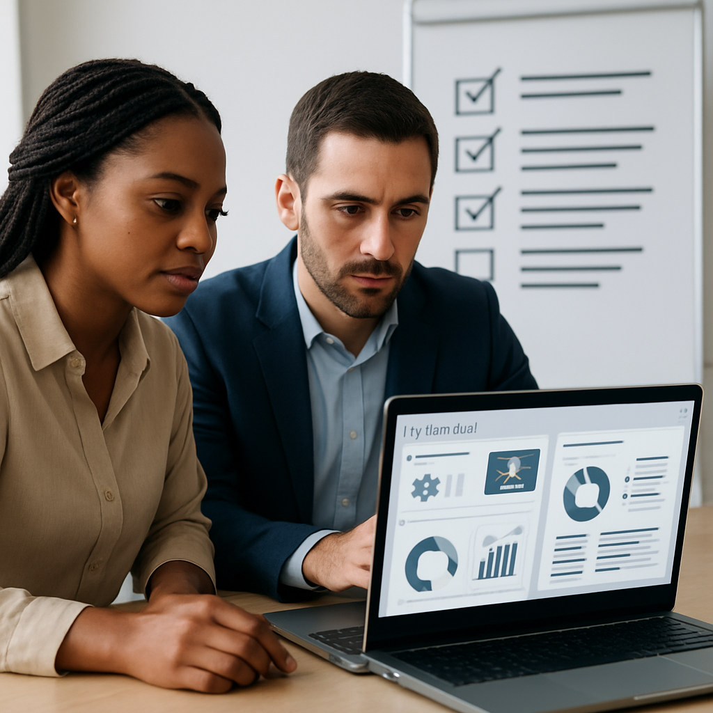 A product manager and content lead reviewing AI writing tool dashboards on a laptop, with a whiteboa
