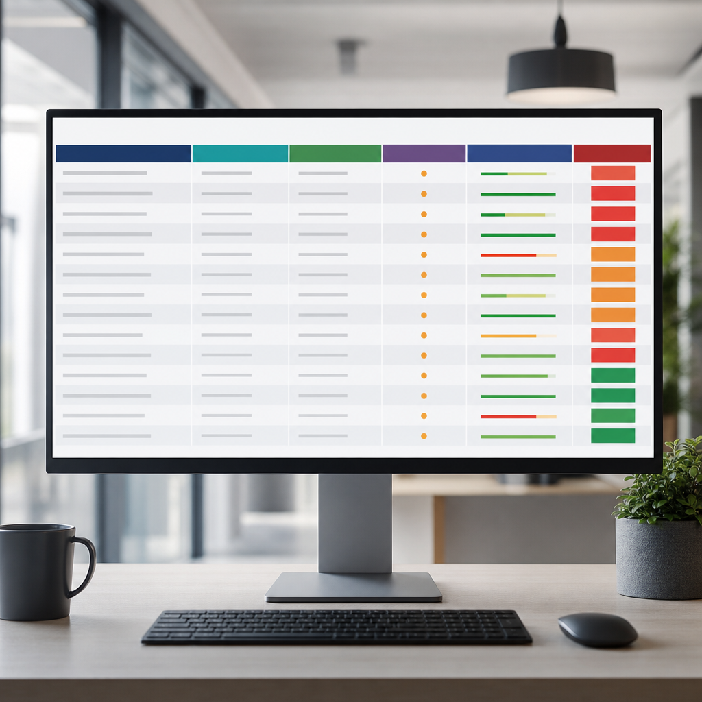 A professional dashboard style screenshot showing an audit export template with columns for URL, tra