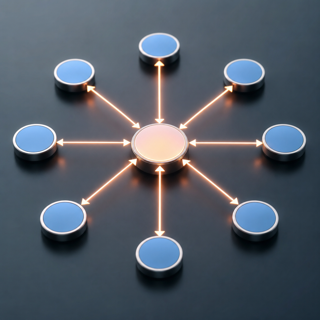 Diagram showing a site hub and spoke internal linking model with hub page linking to 8 topic pages a