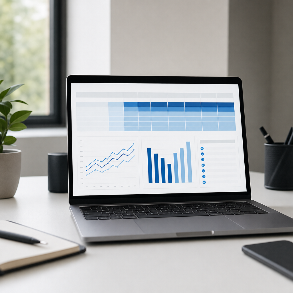 Photo realistic image of a laptop on a clean desk showing a dashboard with a scoring rubric, pilot m