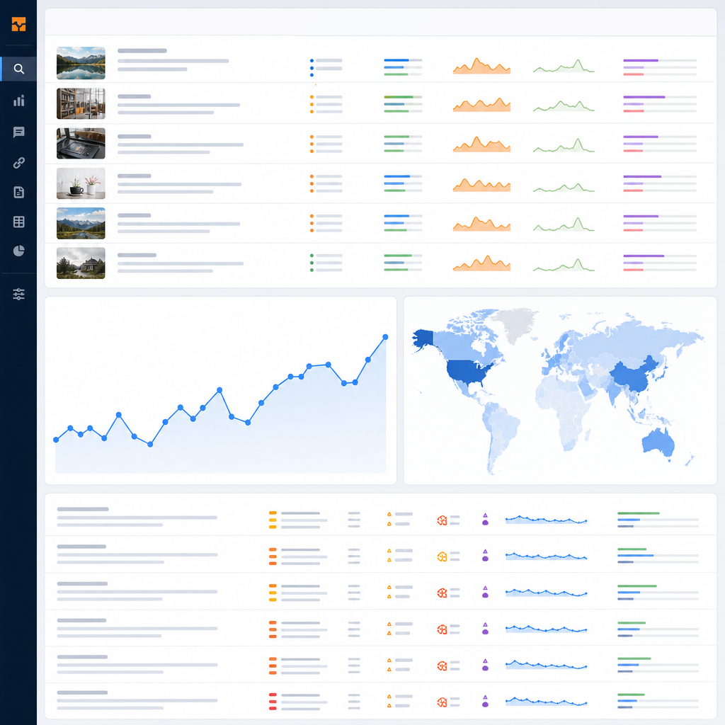 Screenshot style image of an SEO dashboard showing Ahrefs Content Explorer results, rank tracker gra