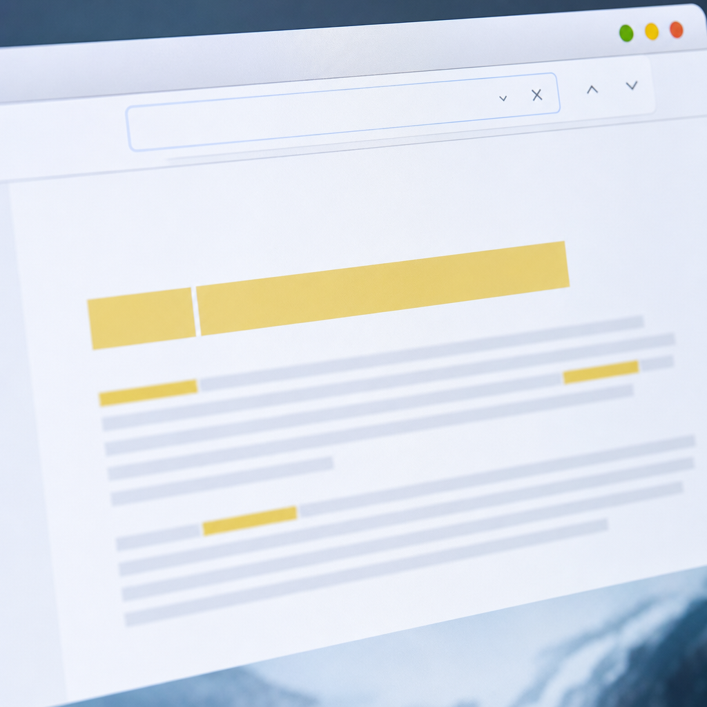 Close up of a browser window with Ctrl F find box highlighted, showing keyword highlights in H1 and
