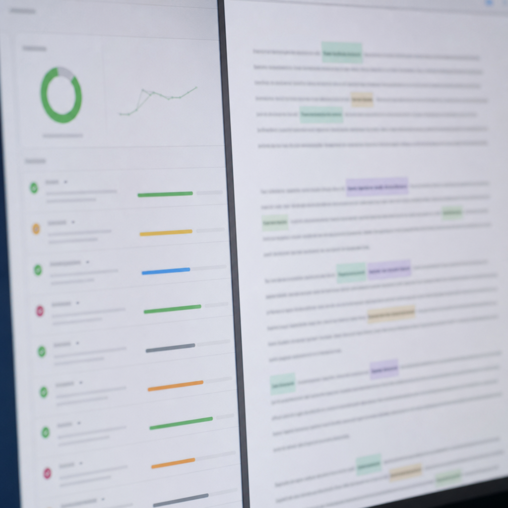 Close up photo realistic image of a content editor screen showing a Clearscope report next to a Goog