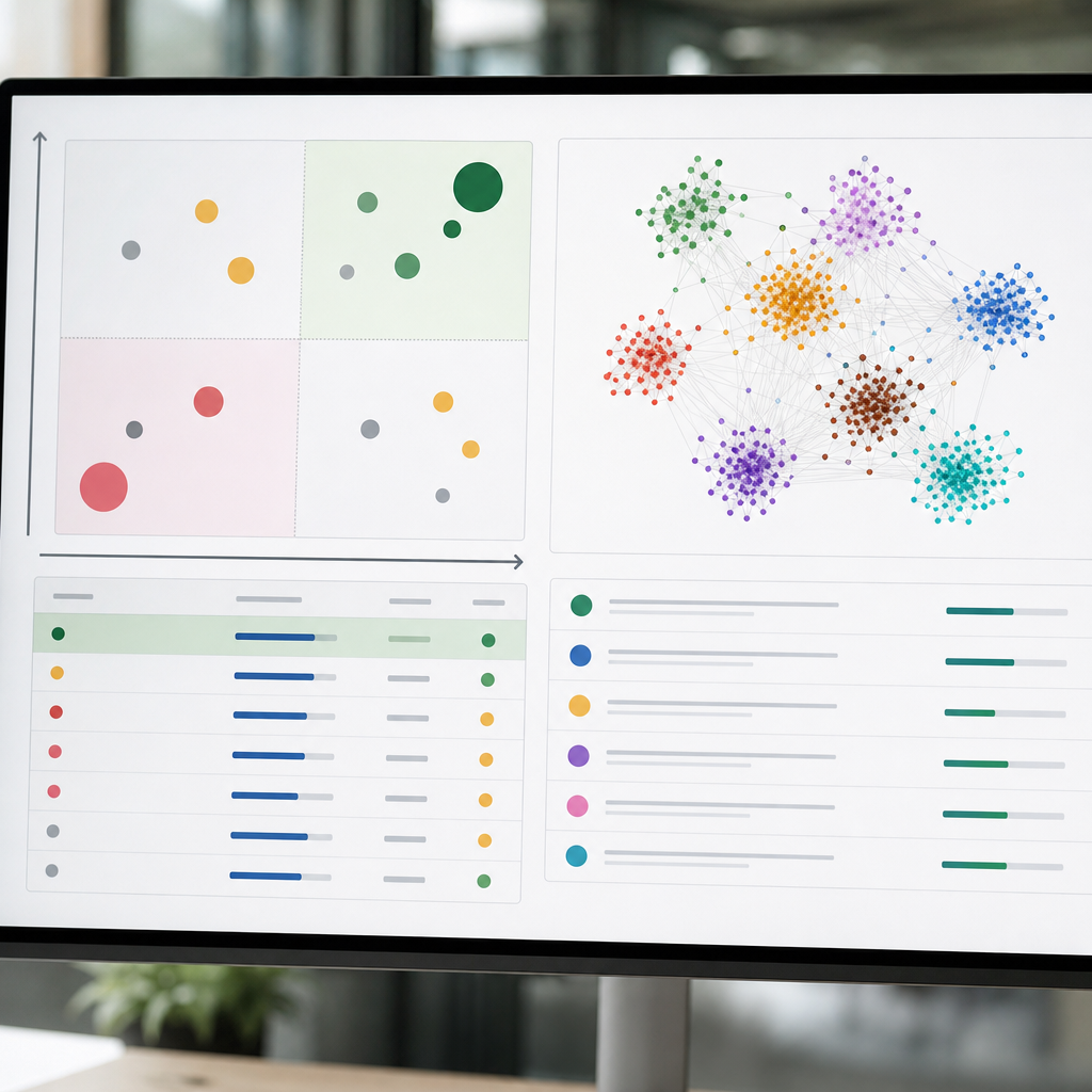 Screenshot-style photo showing a content prioritization matrix and topic model visualization from a