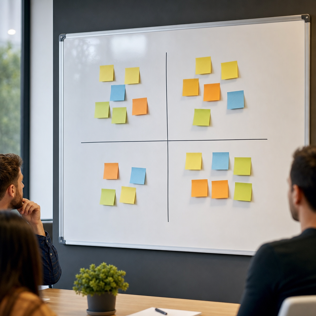 A professional, photo realistic diagram of an impact-effort-business value matrix on a whiteboard in