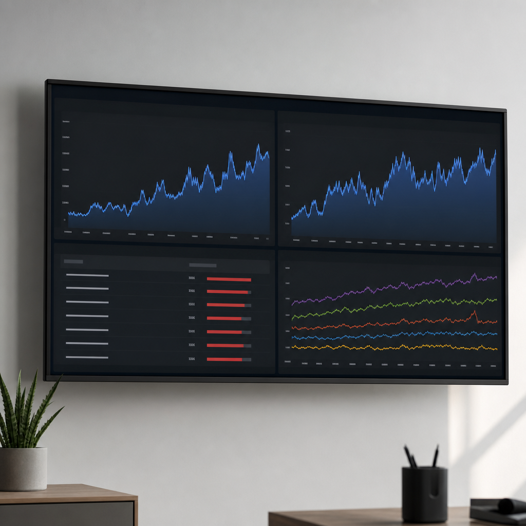 Dashboard screenshot mockup showing Search Console clicks, GA4 organic sessions, top fixed issues, a