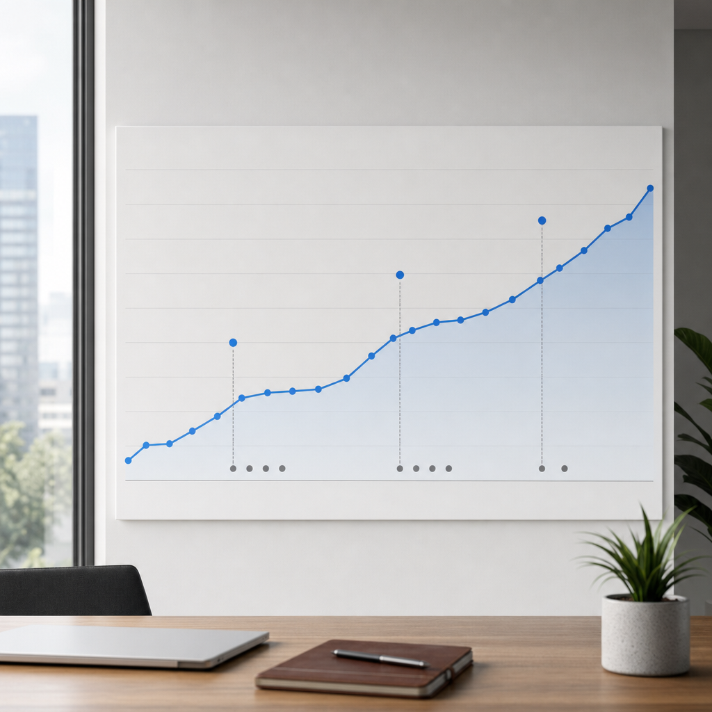 Professional dashboard-style chart showing organic sessions rising from 12,500 to 37,500 over nine m