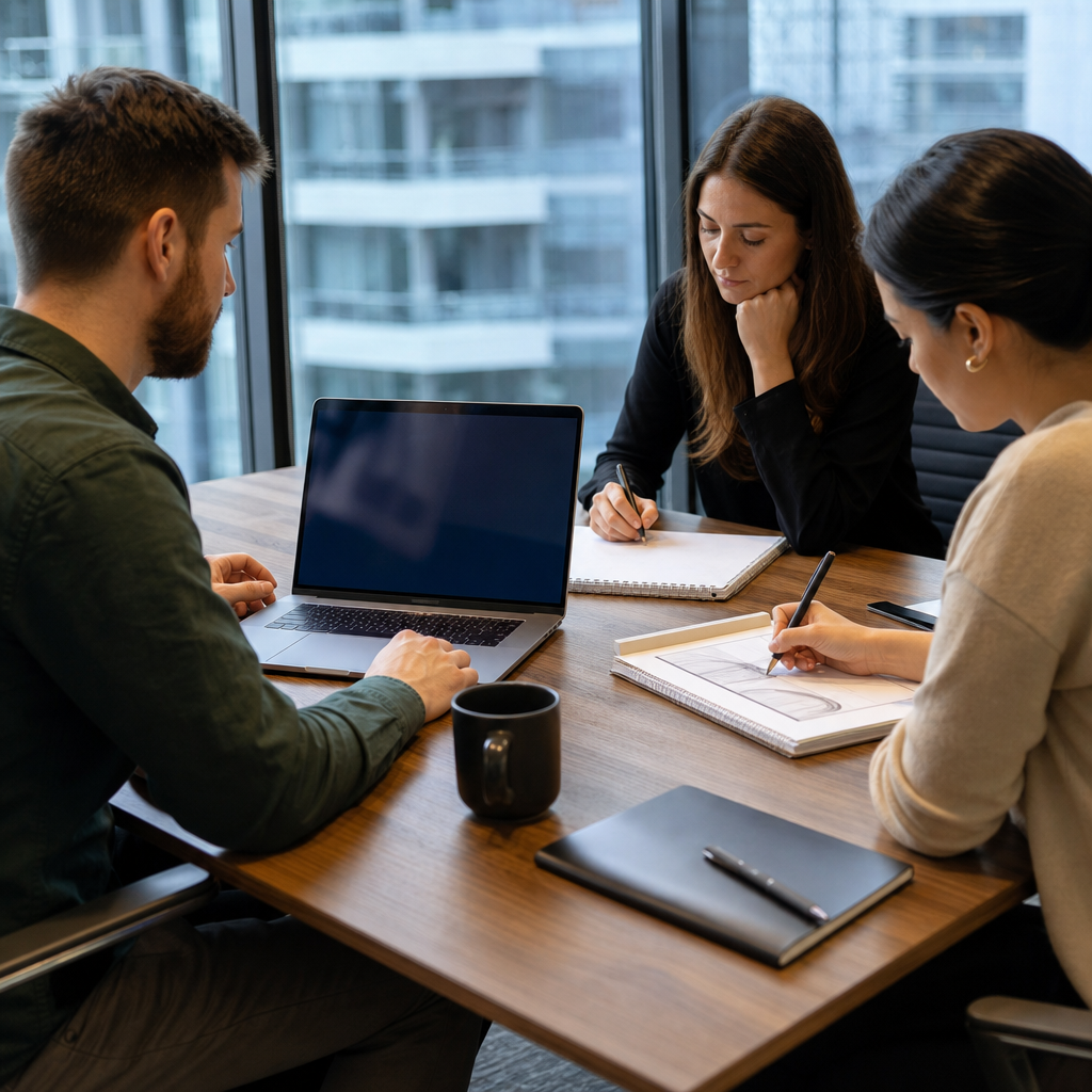 Three-person marketing team at a conference table with laptop showing Ranklytics dashboard, notebook