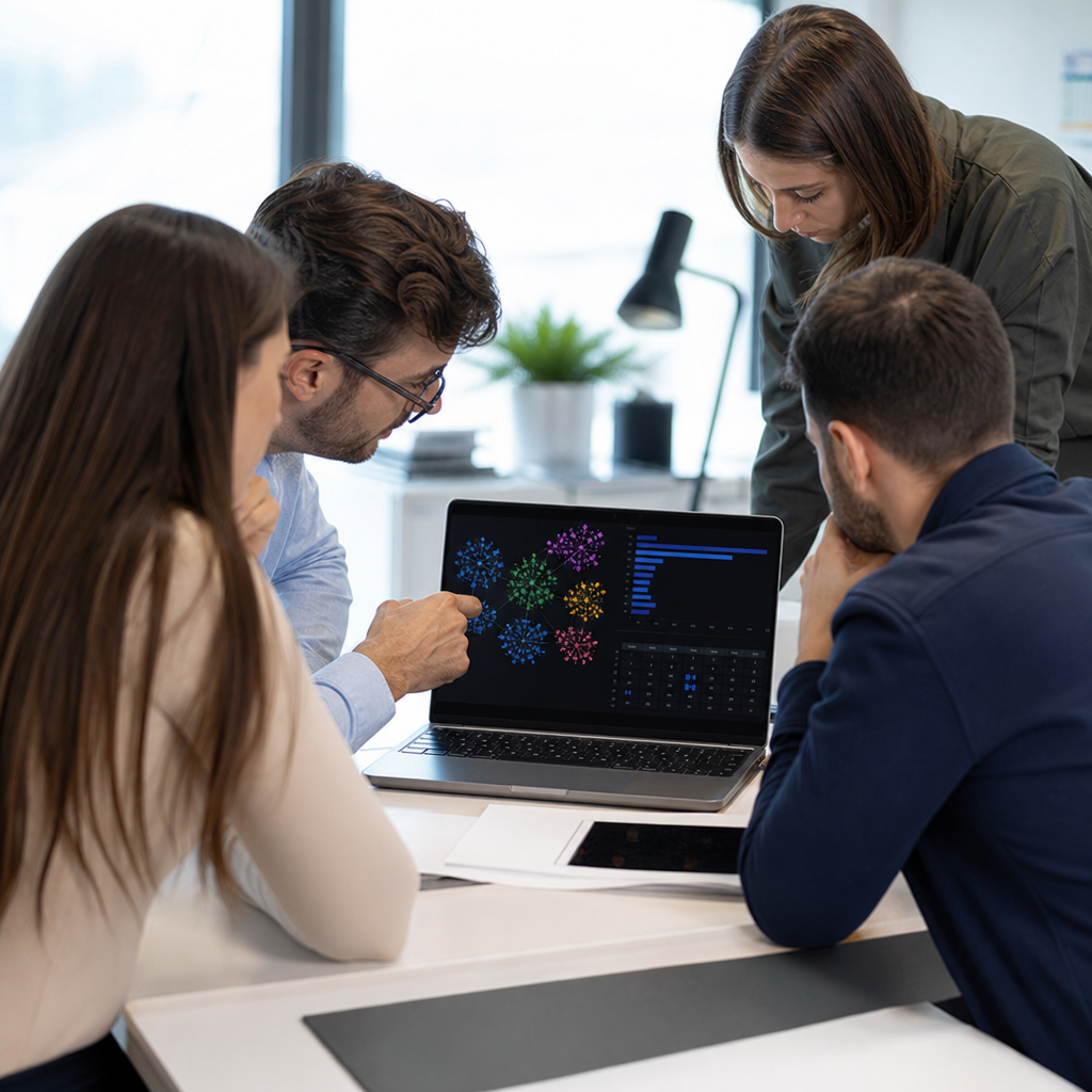 Photo realistic image of a small marketing team around a laptop reviewing a Ranklytics keyword clust