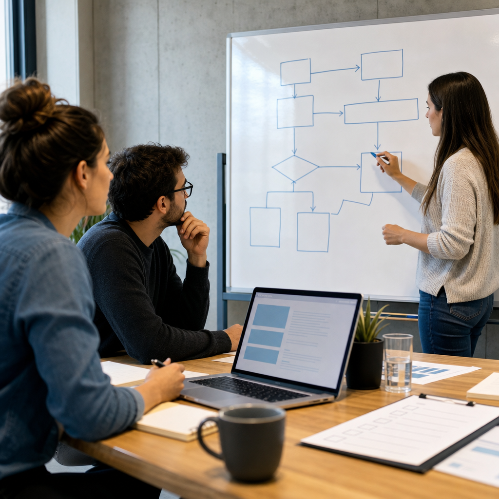 Photo realistic image of a small marketing team at a table with a laptop displaying a Ranklytics con