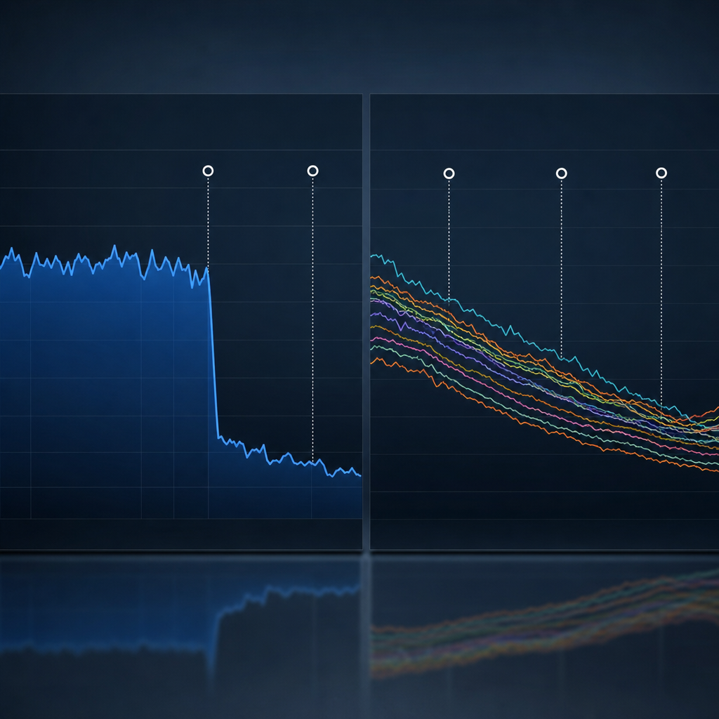 Side by side timeline visualization showing a sudden vertical drop in clicks on one chart and a grad