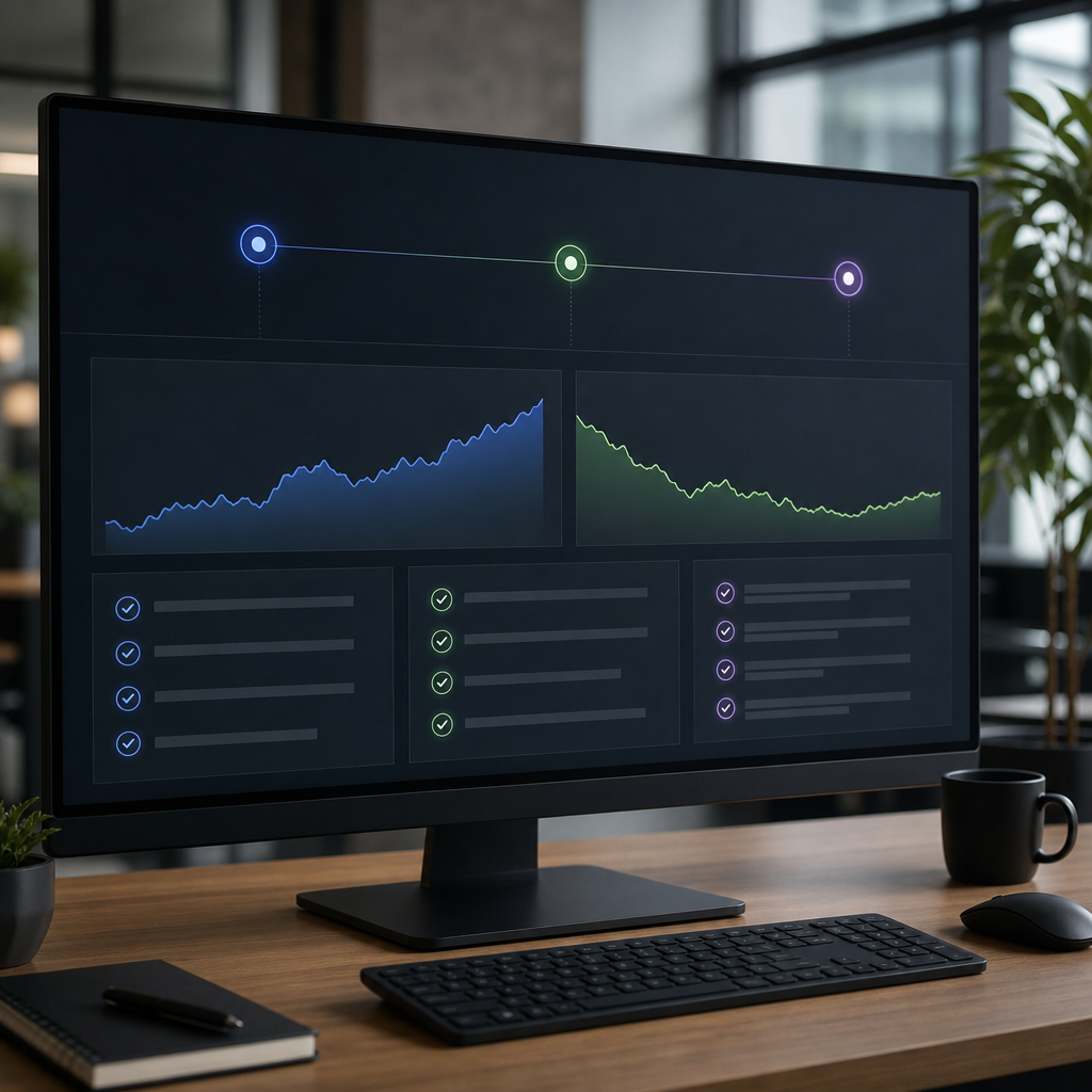 A professional dashboard view showing a timeline with 7, 30, and 90 day checkpoints, KPI graphs for