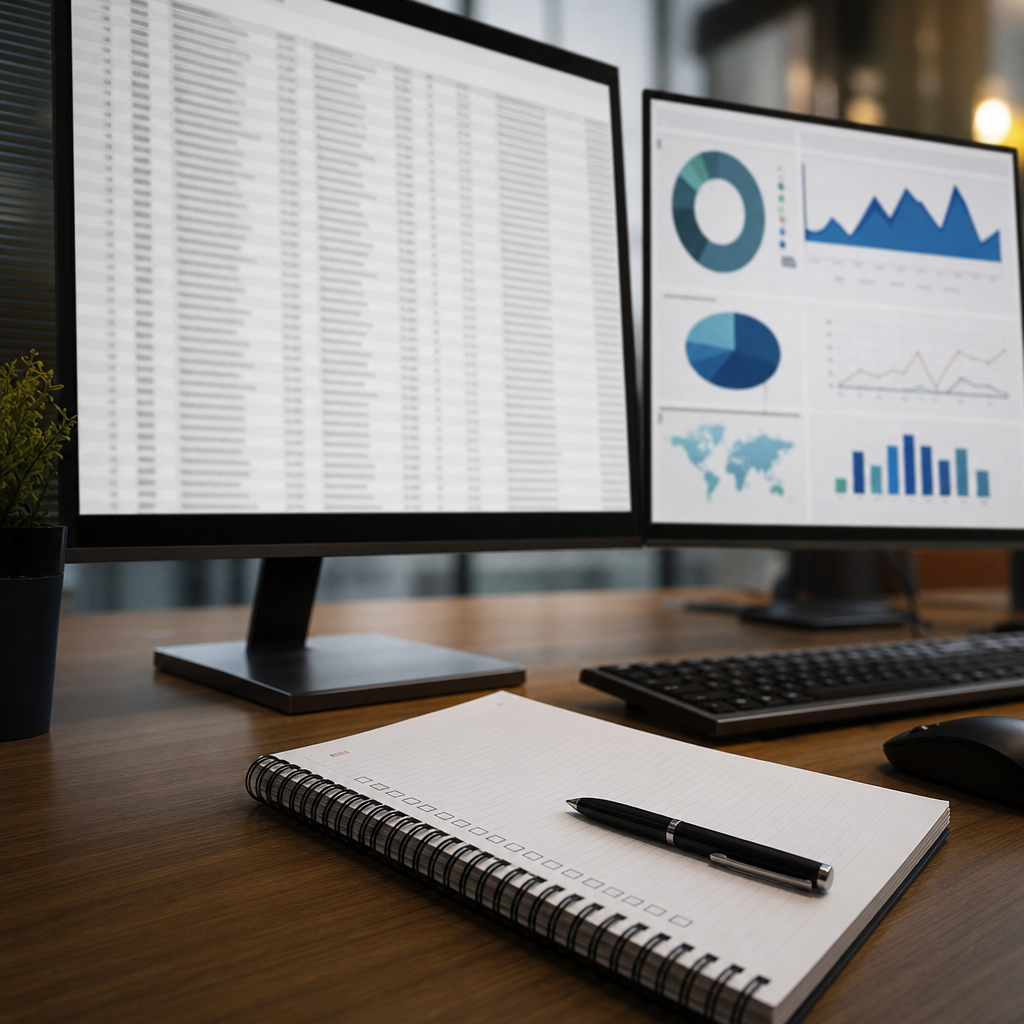 Photo realistic image of a workspace showing two monitors: one with a spreadsheet of backlink export