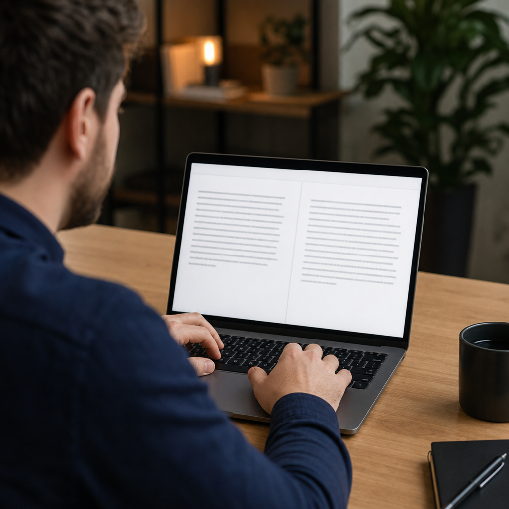 Screenshot-style photo realistic image of a content editor using QuillBot on a laptop, showing a bef