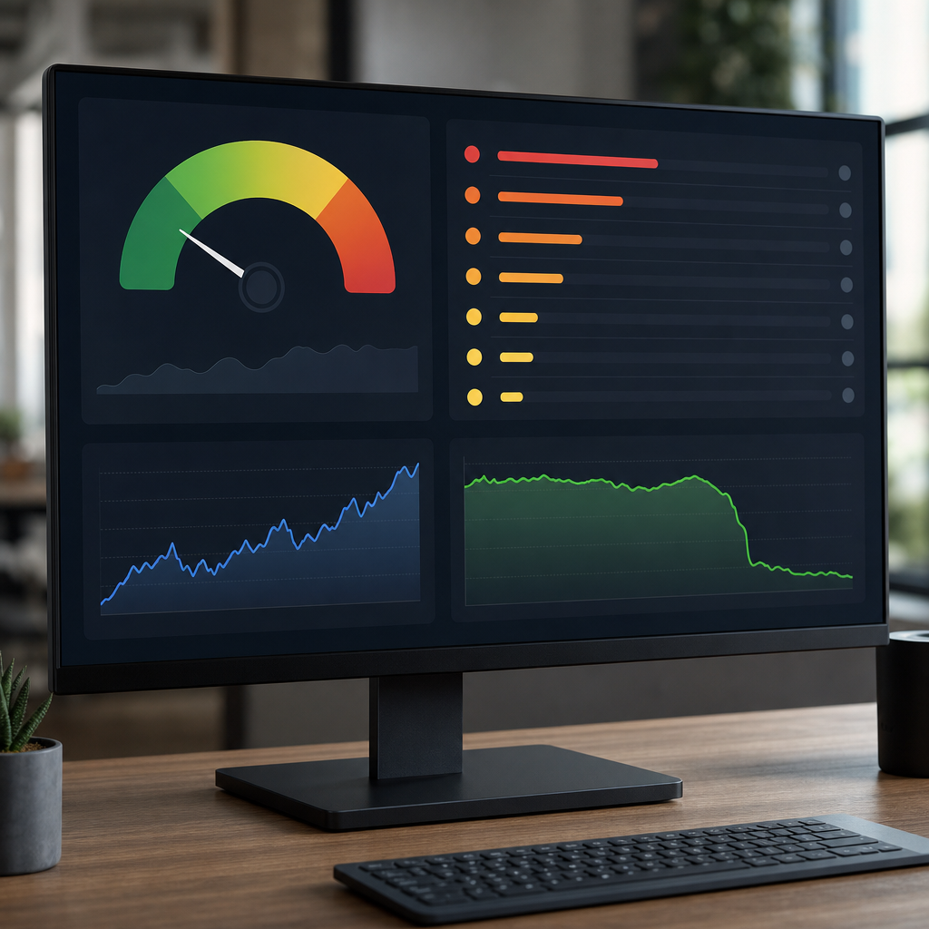 Dashboard style screenshot showing an SEO score card, top prioritized issues list, and trend chart f