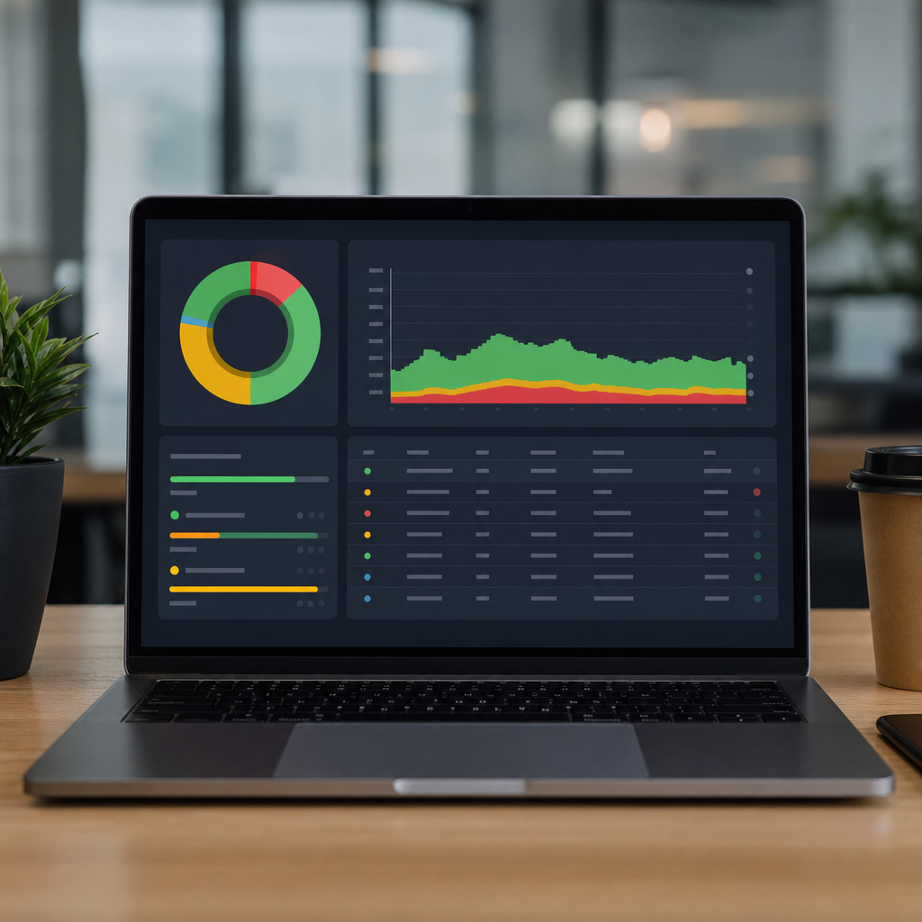A professional dashboard view showing an aggregated SEO score, search console coverage graph, Core W