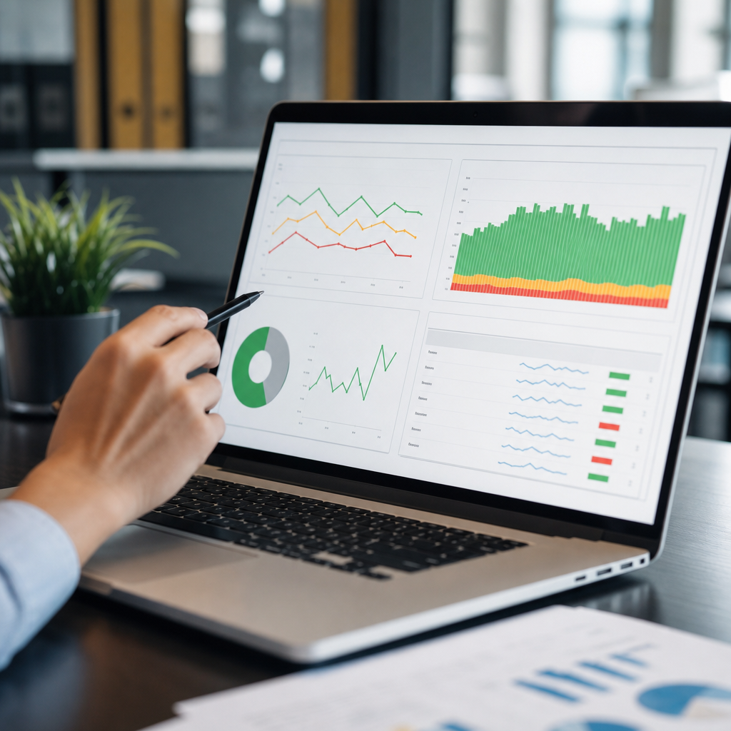 Close-up of a laptop screen showing an SEO dashboard with Core Web Vitals charts, Search Console cov