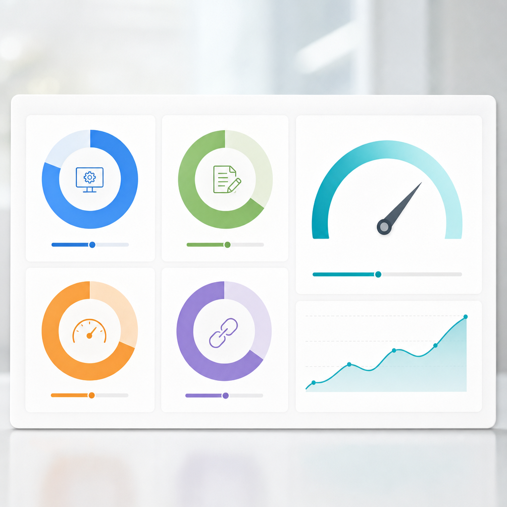 Screenshot-style dashboard mockup showing an SEO scoring rubric with four donut charts for Technical