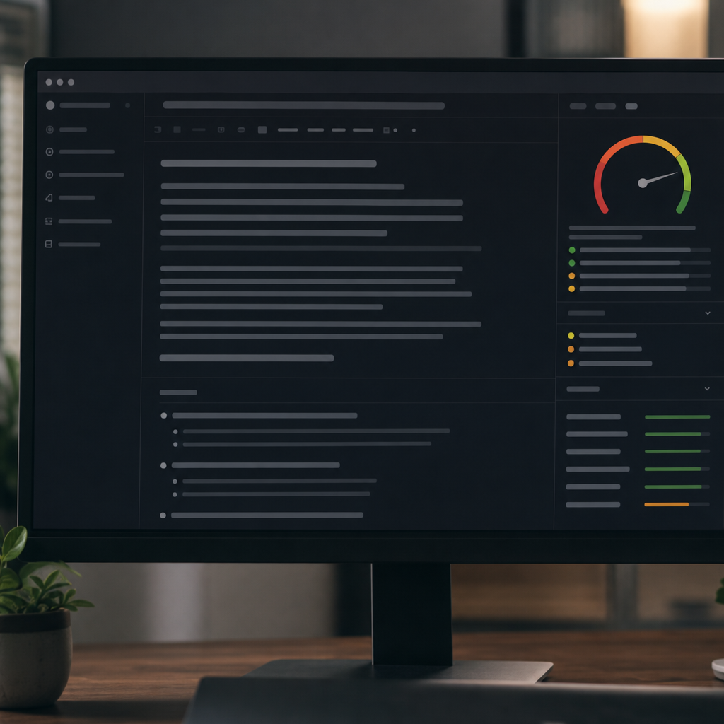 Photo realistic screenshot-style image of a content editor UI showing Surfer SEO content editor with