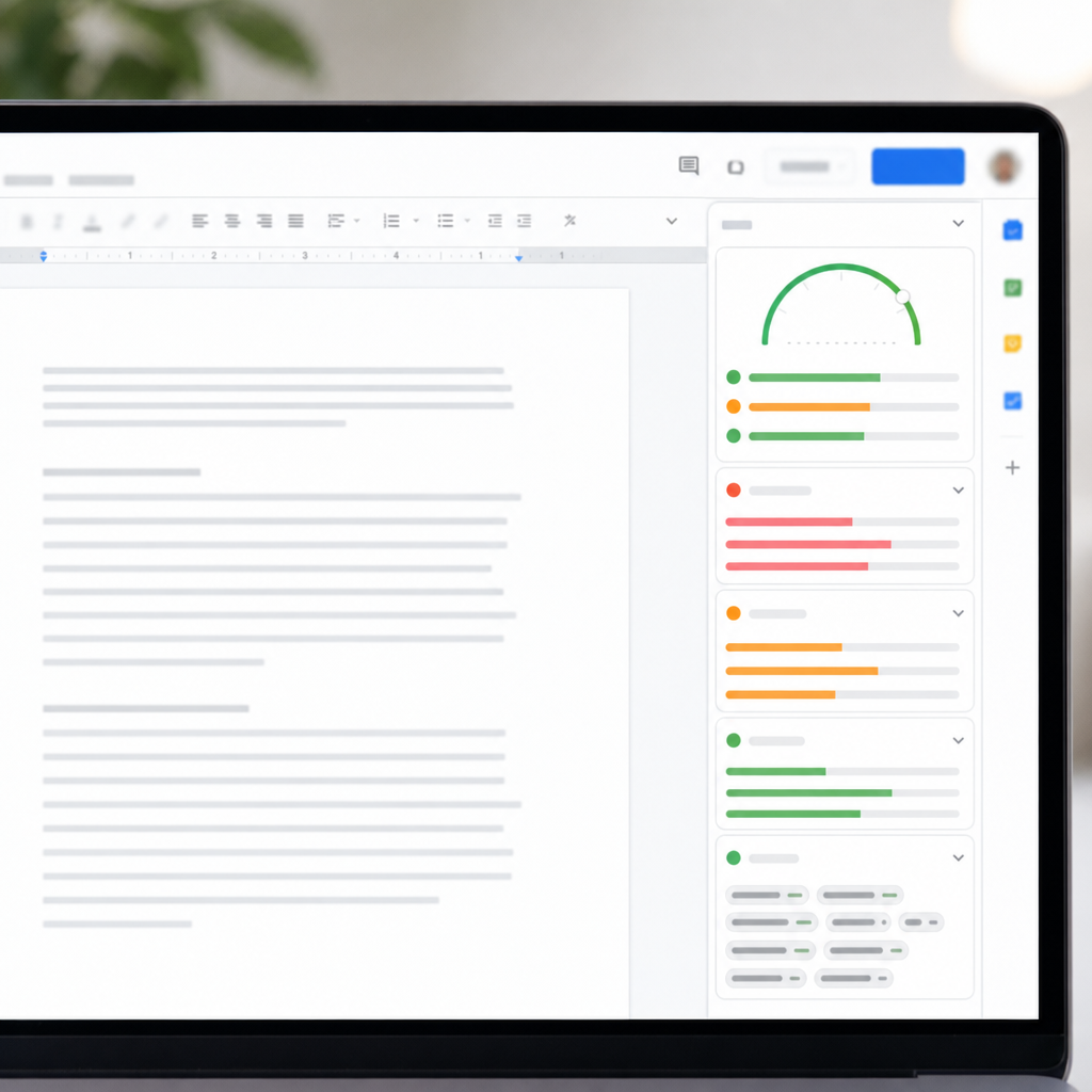 Screenshot-style image showing SEMrush SEO Writing Assistant sidebar inside Google Docs with readabi