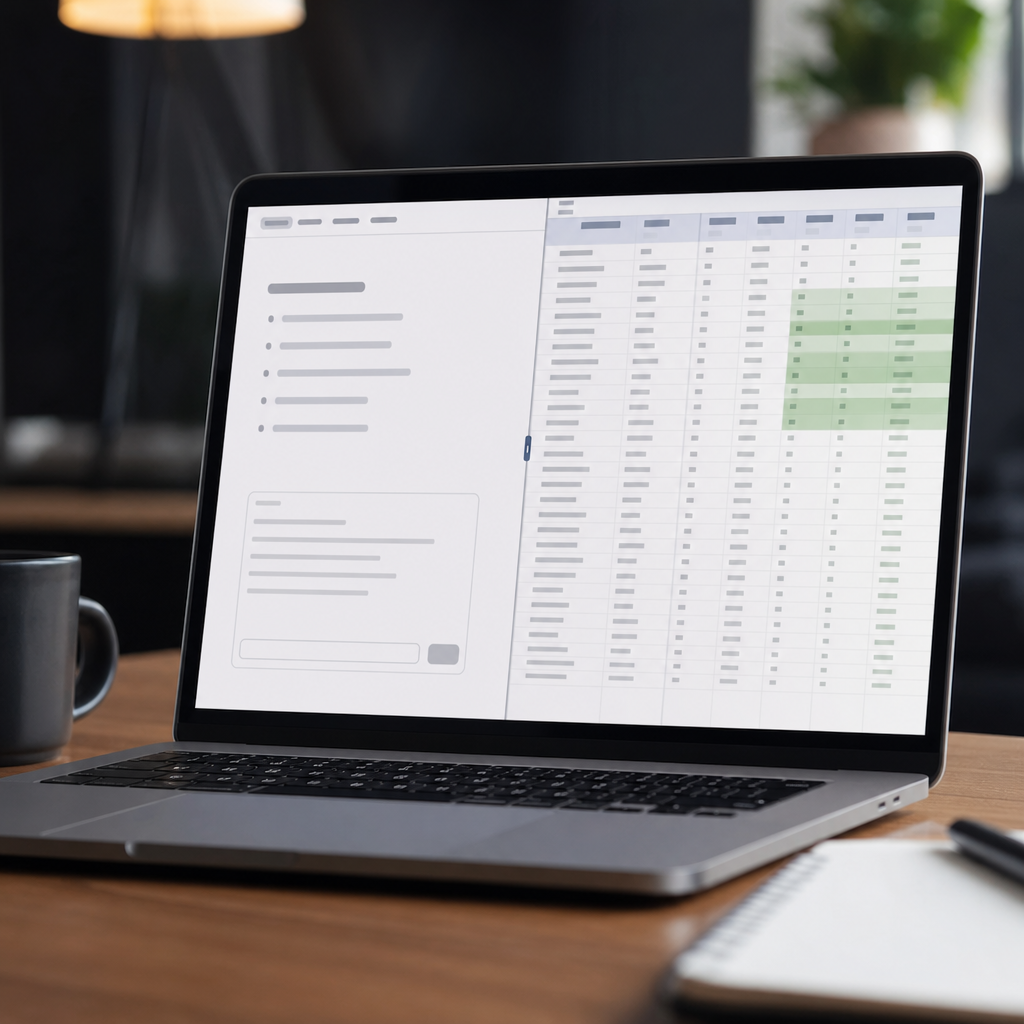 A professional screenshot-style photo of a split-screen workflow: on one side an AI content editor g