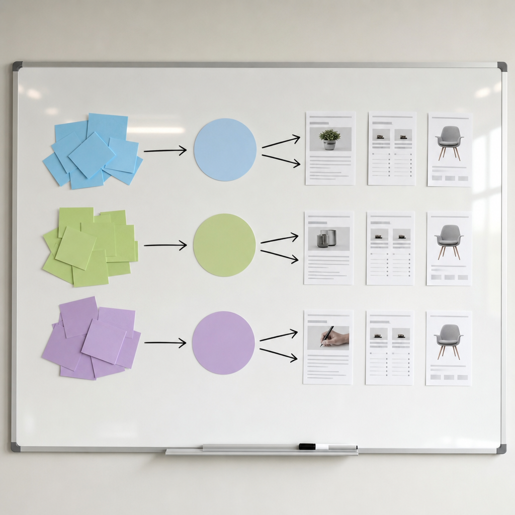 Professional diagram showing keyword clusters mapped to user intent categories with arrows to conten