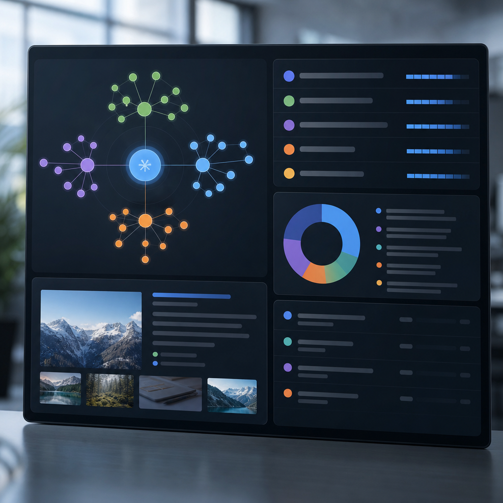 Dashboard view of an AI topic planning tool showing topic clusters, priority scores, SERP feature di