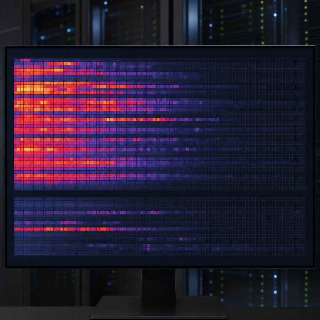 Server log heatmap showing Googlebot requests concentrated on parameterized product listing URLs ver