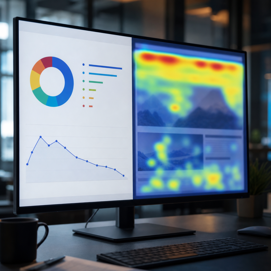 Screenshot-style photo showing an analytics dashboard segmenting organic sessions by time on page, a