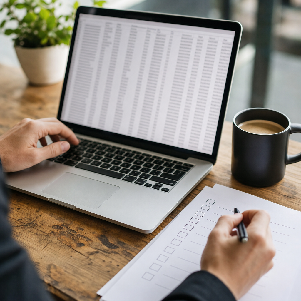 A hands on SEO audit scene showing a laptop screen with an exported backlink CSV open, a checklist o