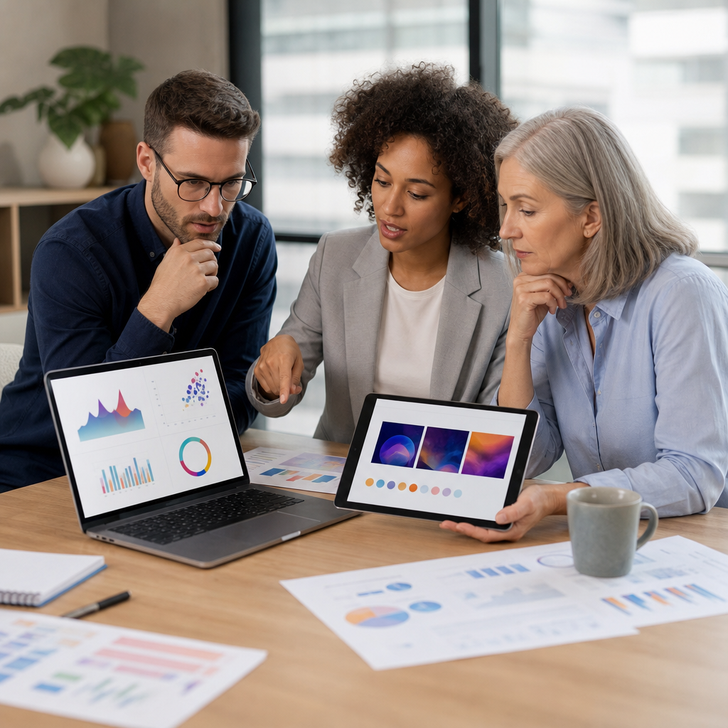 Professional team reviewing data visualizations and embed cards on a laptop and tablet, showing char