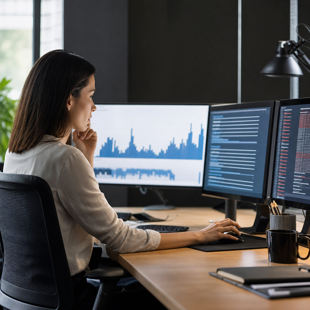 Professional marketer at a desk scanning journalist queries and a list of broken links on-screen, wi