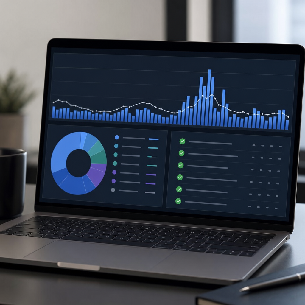 A professional dashboard screenshot style image showing backlink spikes, anchor text distribution, a