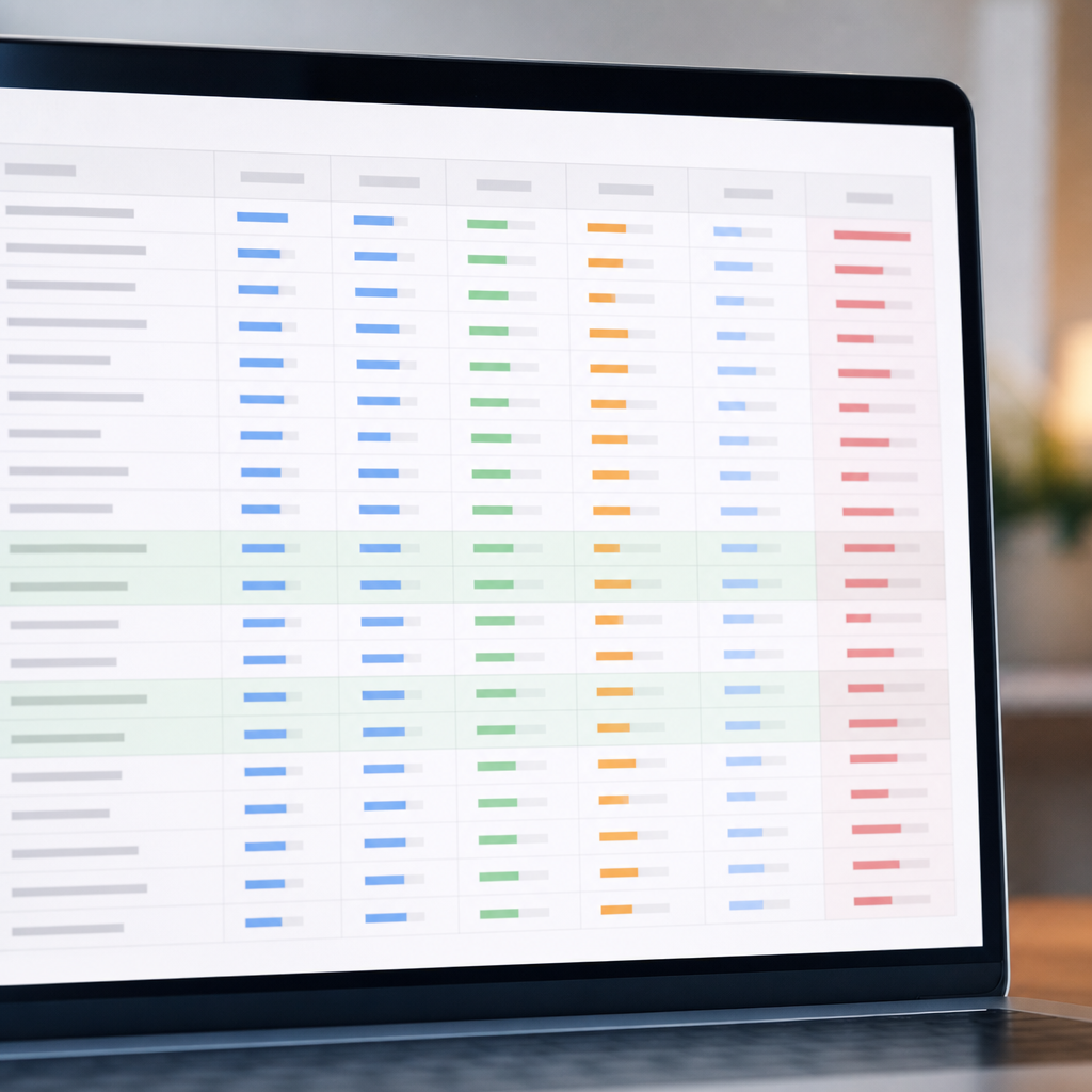 Photorealistic spreadsheet UI showing keyword rows with columns for search volume, estimated clicks