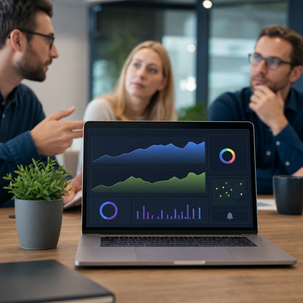 Photo realistic image of a clean branded SEO dashboard on a laptop screen showing keyword visibility
