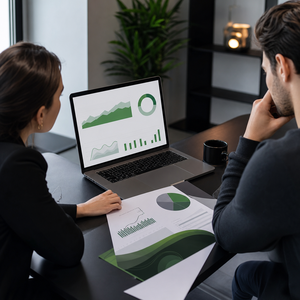 Photo realistic image of a professional agency workspace: a laptop displaying a branded SEO dashboar