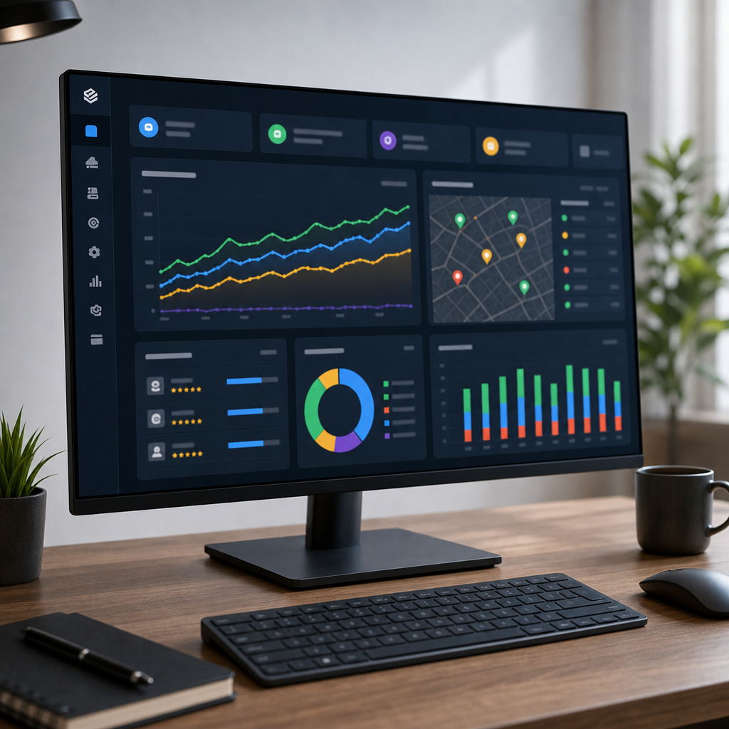 A professional dashboard screenshot-style image showing a branded SEO client portal with rank charts