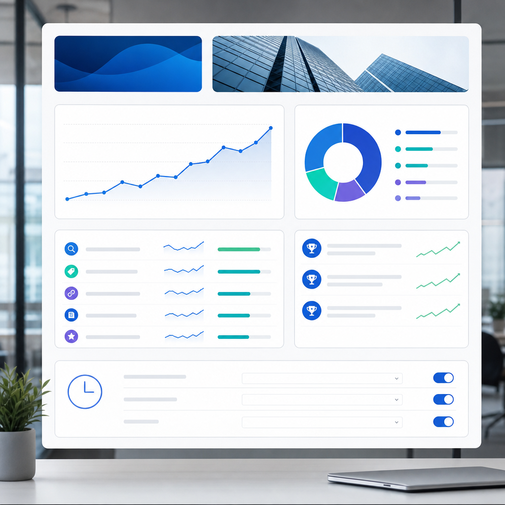Professional white label SEO dashboard mock showing a branded client header, visibility score trend